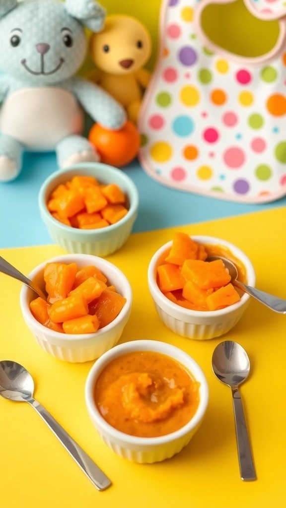 An assortment of colorful homemade baby food in bowls, including sweet potato, carrot, banana, and avocado purees.